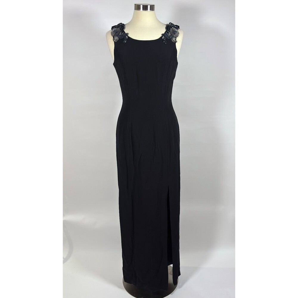 Loralie Black Floral Beaded Cowl Back Floor Length Gown - Vintage Size 10 - Picture 2 of 8